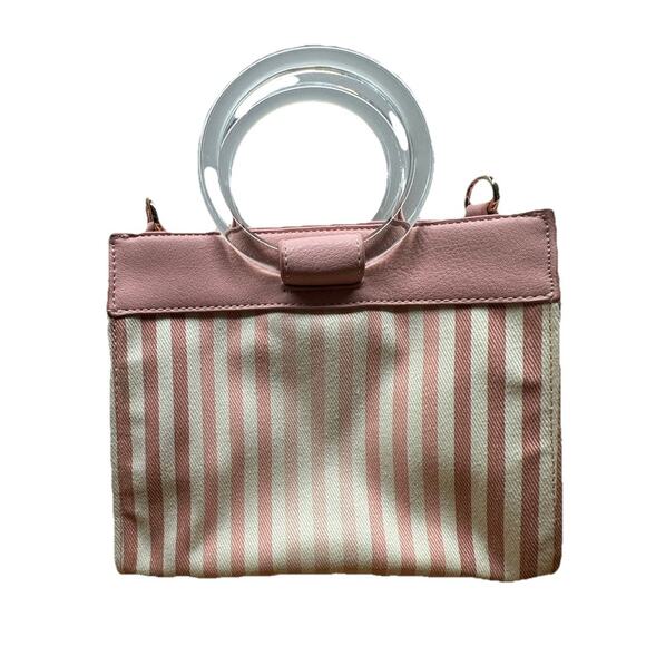 LC Lauren Conrad Pink & Cream Striped Handbag with Clear Ring Handles - Picture 1 of 8